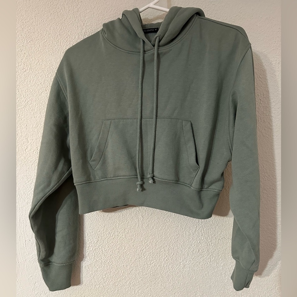 Zara Hoodie Women Sage Green Cotton Blend Cropped Pullover Kangaroo Pouch Size S